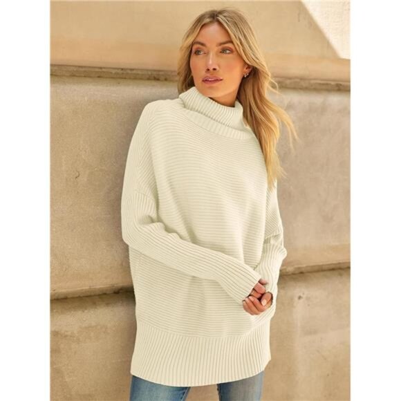 Women's Oversized Ribbed Turtleneck Sweater with Batwing Sleeves –Fall Tunic - Picture 4 of 7